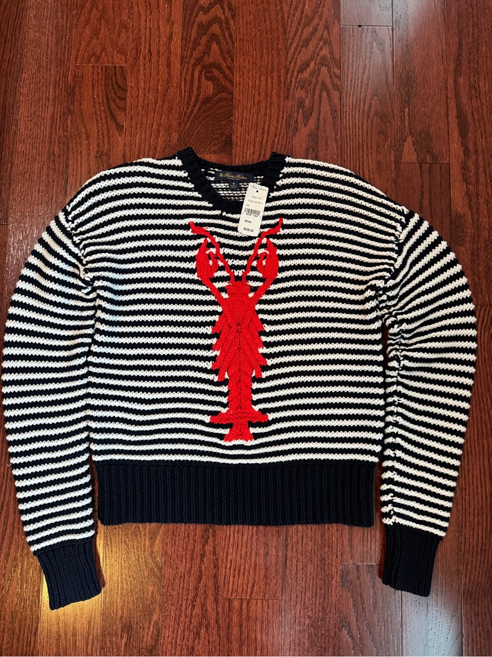 Brooks Brothers Navy & White Striped Crewneck Sweater with Red Lobster